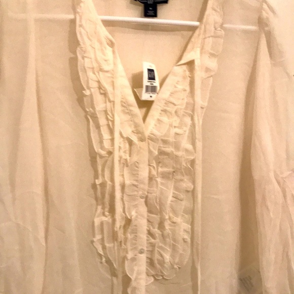 GAP LONG SLEEVE IVORY RUFFLED FRONT VNECK BUTTON DOWN SUPER SHEER BLOUSE SIZE M - Picture 3 of 6